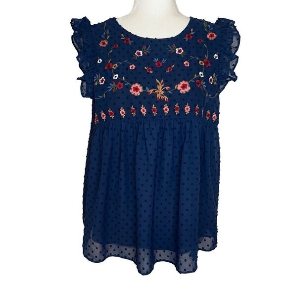 Altar’d State Floral Embroidered  Navy Blue Blouse. Size Large. Great Condition! - Picture 1 of 12